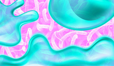 Goopy light blue blobs in foreground and pink-hued cholera bacteria photograph in background.